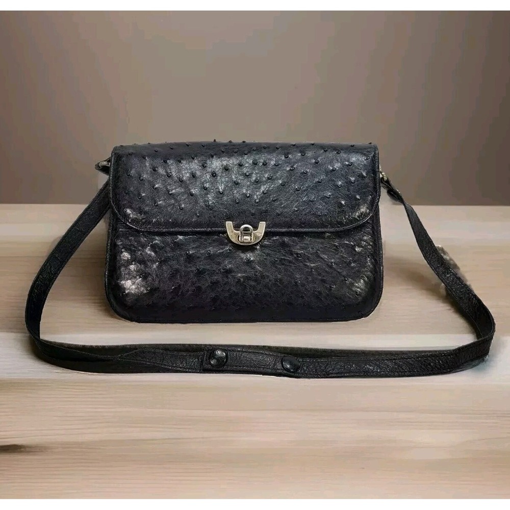 Vintage Fiorenza Genuine Ostrich Handbag Purse Black Gold-tone Hardware
